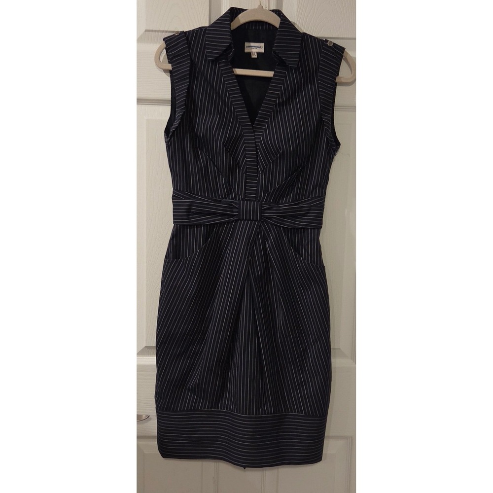 Karen Millen Dress US 6 Navy Pinstripe Tailored Sheath Twist Waist Pockets